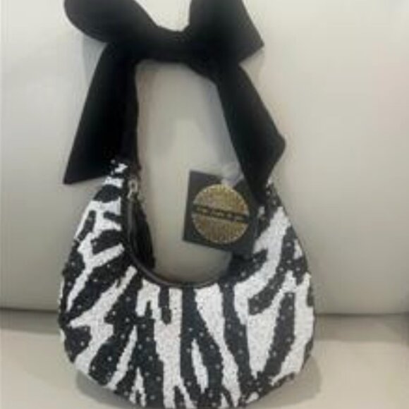 Handmade India Tik Tok Viral Beaded Sequin Zebra Handbag Velvet Bow Handle NWT - Picture 1 of 4